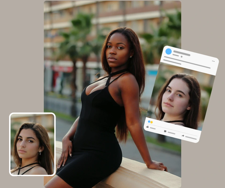 Une femme en robe noire pose en extérieur, avec des images en médaillon et en superposition montrant différents visages échangés. Cette image présente l'aperçu de la publication sociale de PiktID pour le changement de visage, idéal pour la retouche d'identité ou les visuels créatifs.