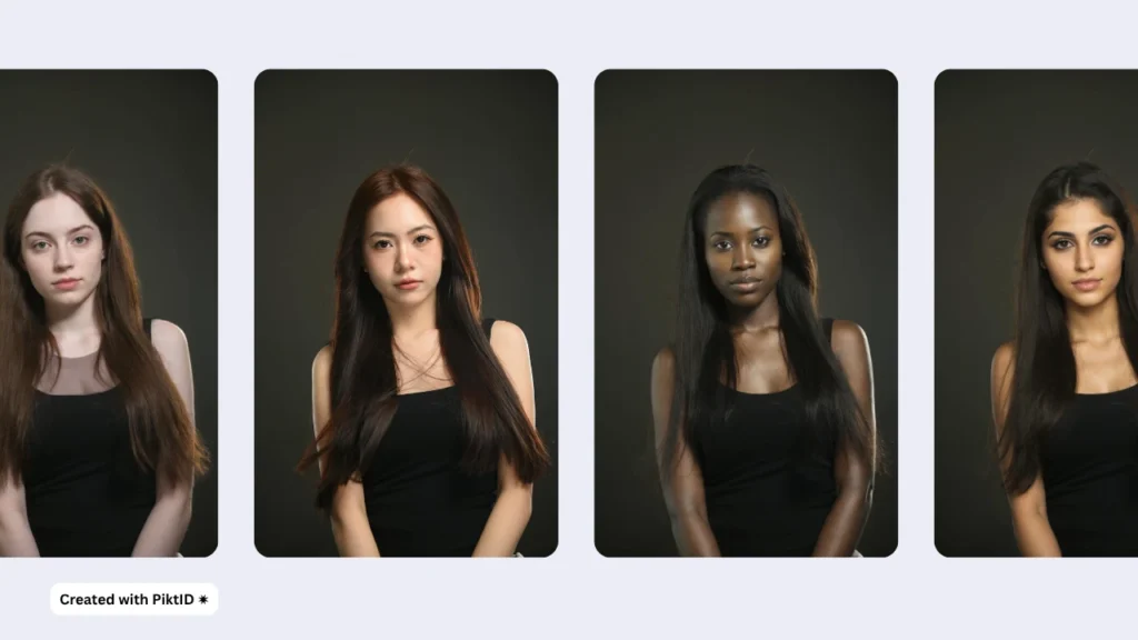 Quatre femmes dans des portraits en studio avec des structures faciales distinctes, montrant comment changer la forme du visage avec la technologie d'IA de PiktID qui peut modifier et échanger les visages naturellement à travers les identités.