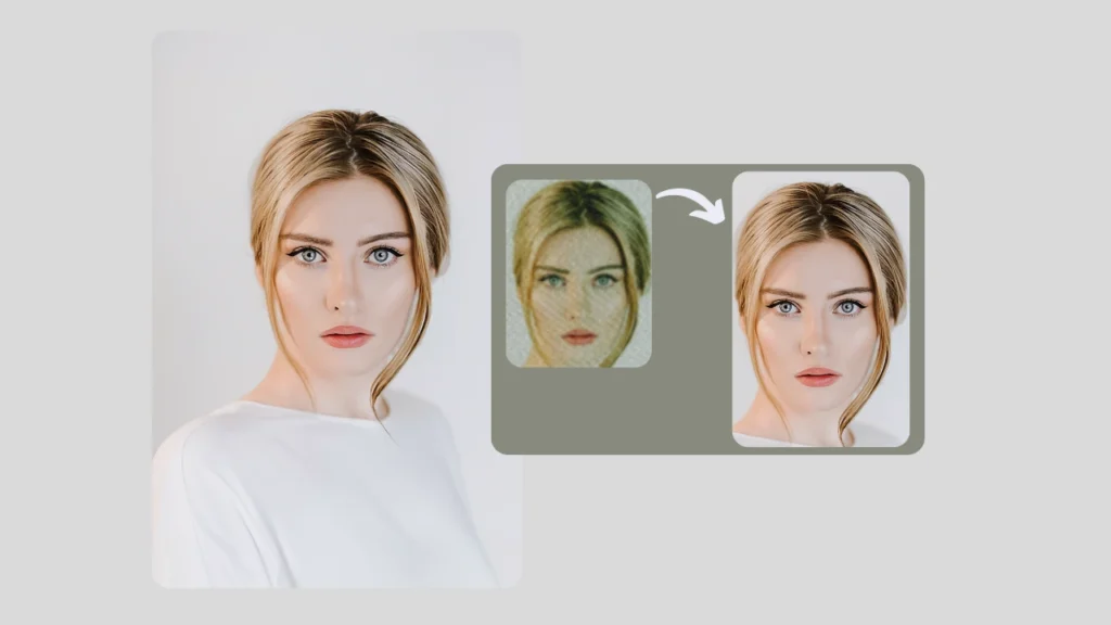 Exemple d'amélioration d'image par IA utilisant le convertisseur 4K PiktID, démontrant comment une photo floue d'une femme devient ultra-nette et claire avec les détails du visage restaurés.