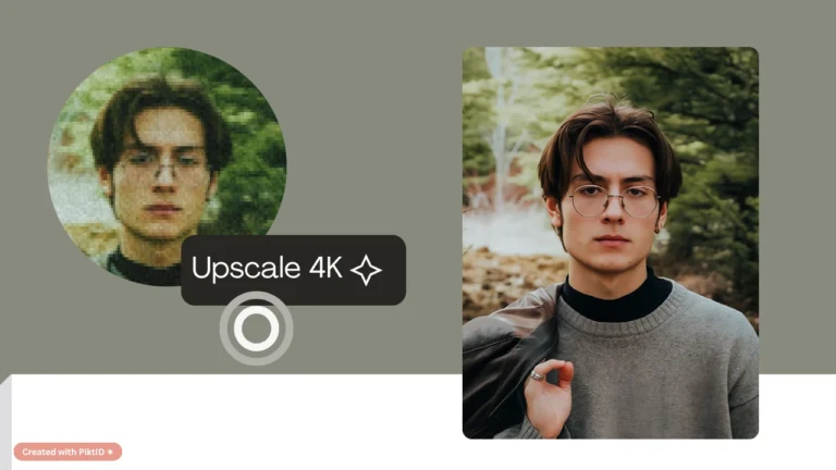 Bannière promotionnelle présentant la technologie d'upscaling 4K de PiktID, convertissant les portraits de basse qualité en visuels détaillés de qualité professionnelle.