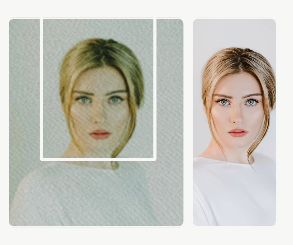 Comparaison côte à côte d'un portrait d'une femme blonde en haut blanc, montrant la différence entre une image originale pixélisée et une version agrandie optimisée par IA. L'image agrandie (PiktID) révèle des détails du visage précis, des couleurs éclatantes et un éclairage de qualité professionnelle.