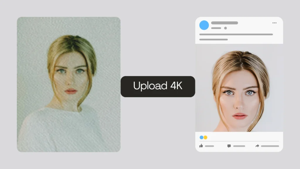 Photo avant/après montrant comment la mise à l'échelle par IA améliore la qualité d'image pour les téléchargements sur les réseaux sociaux, produisant des visuels 4K nets, prêts à être publiés en ligne.
