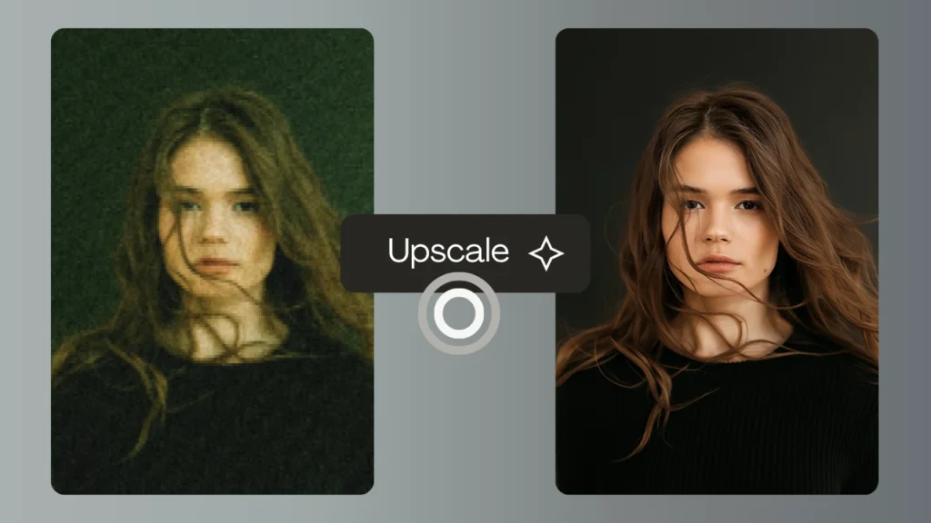 Transformation par IA d'une femme en tenue noire, transformant une image bruitée et peu éclairée en un portrait 8K lisse et haute résolution avec une texture réaliste.