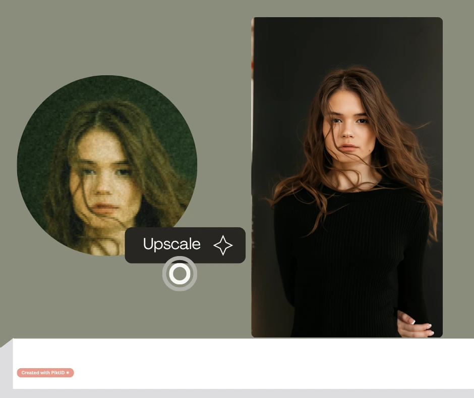 Comparaison avant/après mise à l'échelle d'une jeune femme en haut noir et cheveux longs, mettant en évidence la capacité du PiktID à restaurer la netteté et la définition. La version optimisée par l'IA révèle des détails précis et une finition digne d'un studio professionnel.