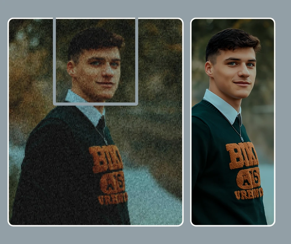 Side-by-side comparison of a blurry portrait and a sharp, AI-enhanced image of a young man in a green sweater. The right side shows a clearer, high-resolution face and outfit, demonstrating AI photo upscaling improvement.