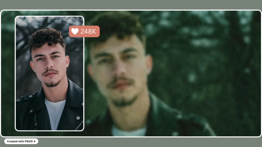 Portrait of a young man in a leather jacket, shown blurry on the right and sharp on the left after AI upscaling. This before-and-after comparison demonstrates how PiktID enhances low-quality images into crisp, professional-quality portraits.