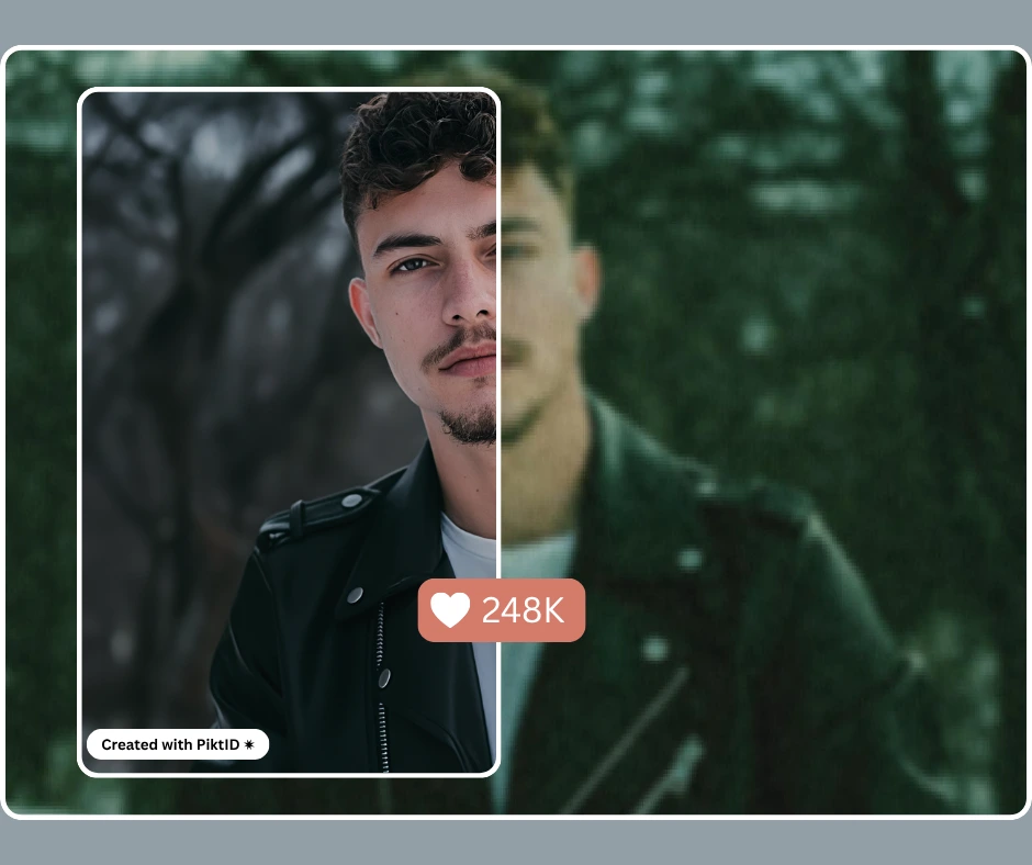 AI upscaling comparison showing half blurry and half HD portrait of a young man in a leather jacket, with a dramatic background. The enhanced side displays crisp facial details and vibrant tones created using an AI image enhancement tool.
