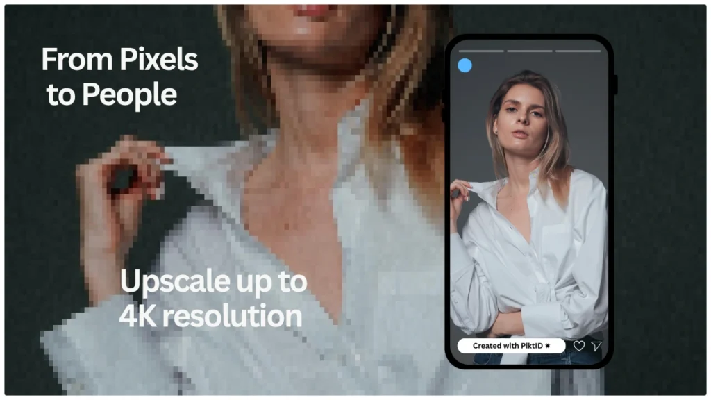 A pixelated image of a woman on the left transitions into a sharp, high-resolution portrait displayed inside a phone mockup. This graphic promotes PiktID as the best AI upscaler to achieve 4K quality and restore human detail from low-resolution pictures.