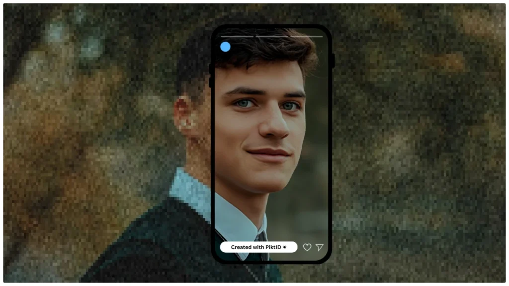 Pixelated portrait of a young man in the background with a sharp upscaled version inside a smartphone frame in front. This visual highlights how PiktID transforms grainy photos into high-definition images suitable for social media and professional use.