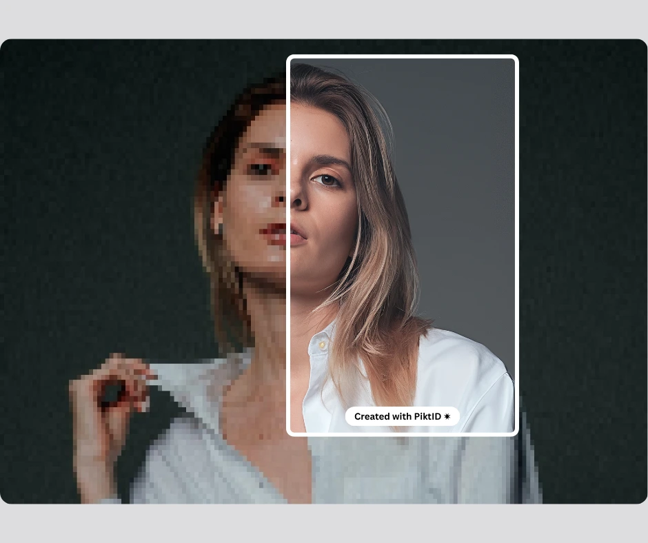Photo of a woman where the left half is pixelated and the right half is sharp and detailed, highlighting AI image restoration. The upscaled side shows smooth skin texture, clean lighting, and accurate color quality.