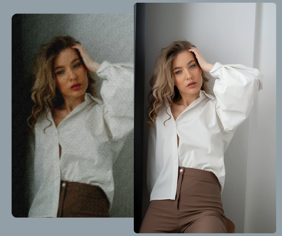 Before and after AI enhancement of a woman posing in a white shirt and brown pants, with the left side blurred and the right side sharp and realistic. The AI-enhanced photo reveals natural textures, clear facial features, and improved lighting.