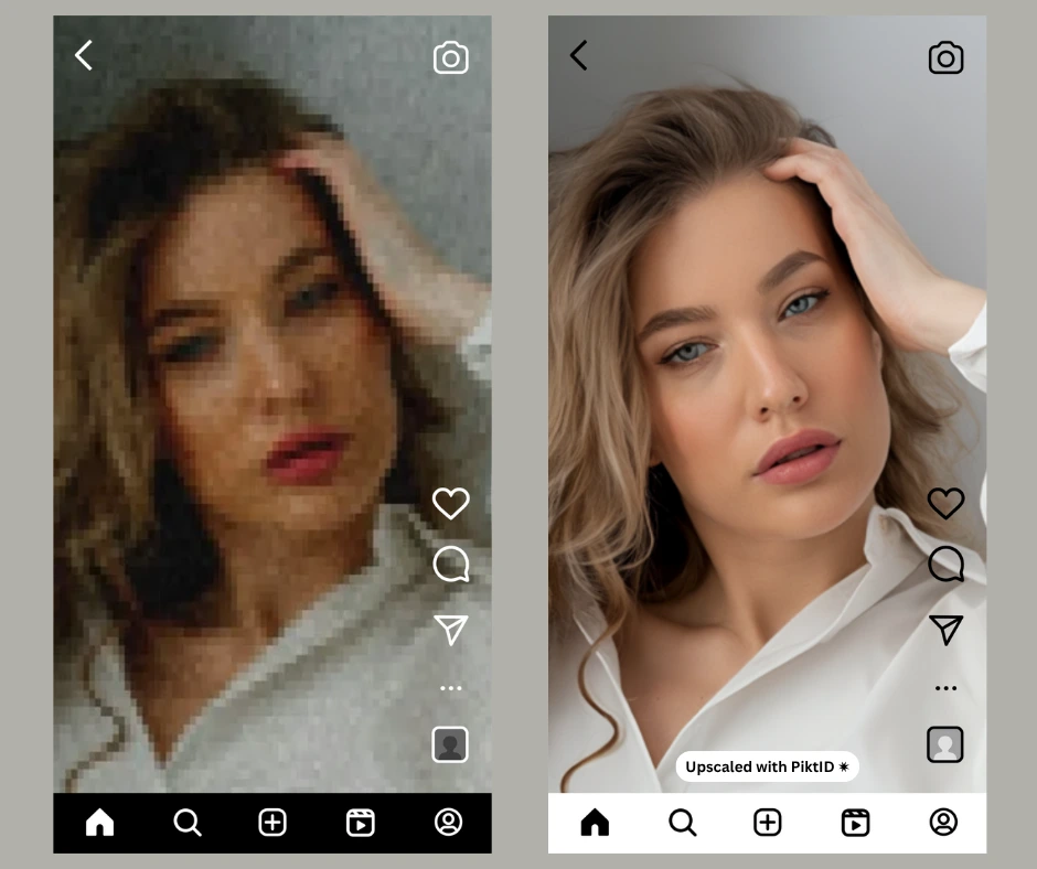 Two Instagram-style portraits of a woman, showing blurry vs high-resolution AI upscaled results. The enhanced photo displays smooth skin, sharp eyes, and realistic detail, perfect for social media improvement.