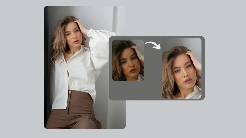 Side-by-side enhancement of a woman’s portrait, showing a compressed blurry version next to a restored high-resolution version. The image demonstrates the power of PiktID’s AI to remove blur and improve clarity in photos.
