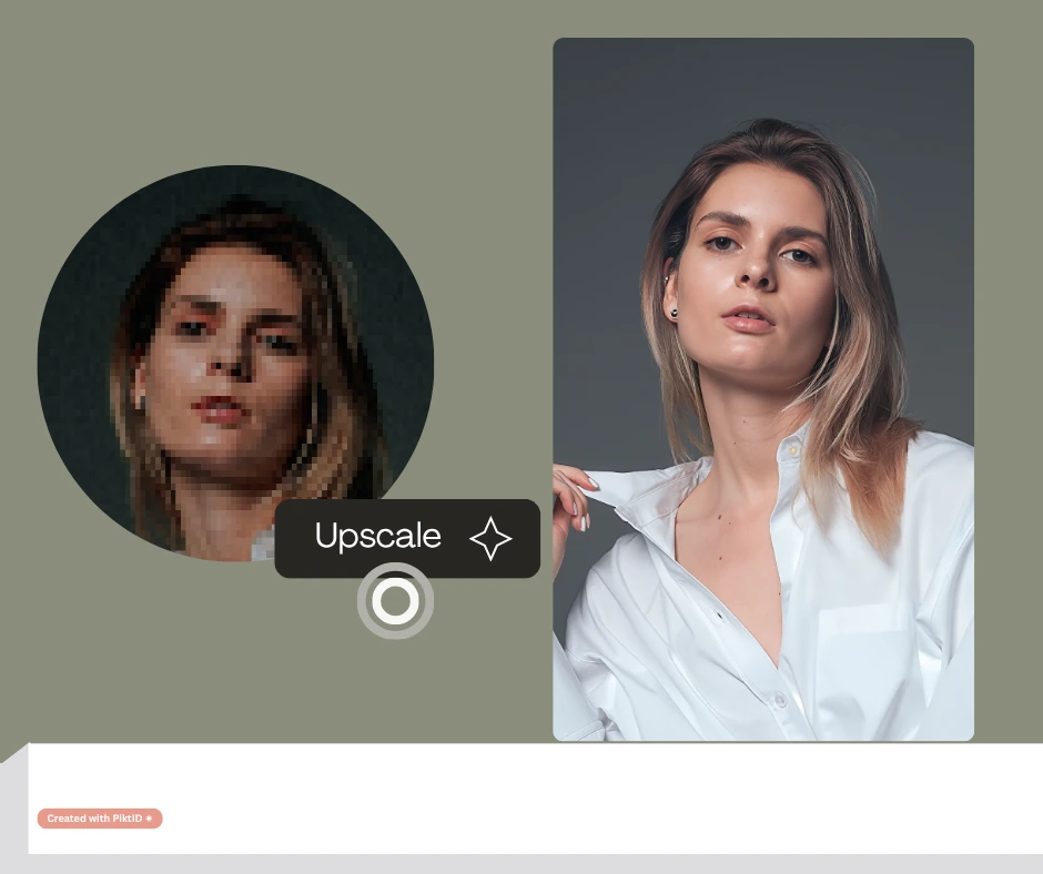 AI image upscaling preview showing a pixelated circular portrait beside a full clear version of a woman in a white shirt. The enhanced image demonstrates AI's ability to recover natural facial clarity and realistic lighting.