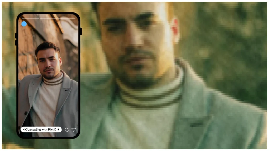 A side-by-side comparison showing how PiktID’s 4K upscaling technology transforms a blurry portrait of a man in a gray coat into a sharp, high-definition image. The photo illustrates the clarity difference between low-resolution and 4K-enhanced output.