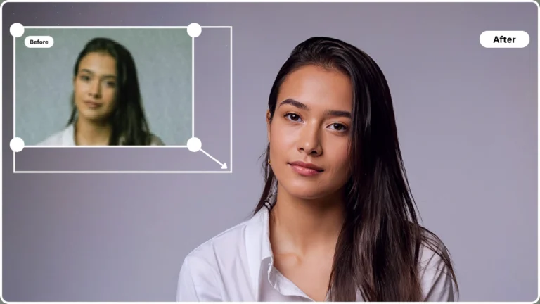 A portrait of a woman in a white shirt shown in both blurred and upscaled versions, highlighting PiktID’s blur to clear image converter. The composition visually communicates a clean, high-resolution transformation suitable for marketing materials.