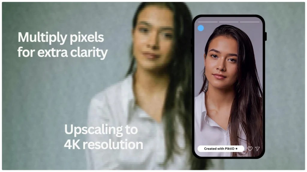 A promotional graphic illustrating PiktID’s AI upscaling process with the text “Multiply pixels for extra clarity – Upscaling to 4K resolution.” The blurred and sharp comparison showcases how PiktID enhances facial details with advanced pixel reconstruction.