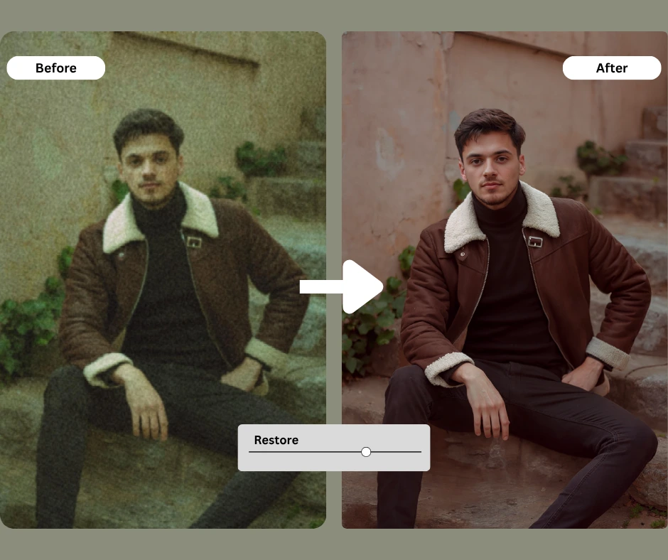 Before-and-after comparison of a retro-style grainy photo restored into a modern, high-definition portrait of a man sitting on outdoor steps wearing a brown jacket.