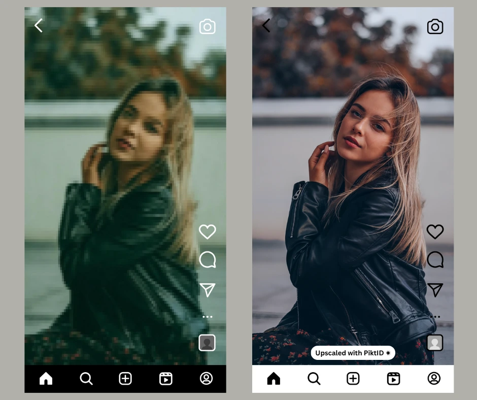 Before-and-after Instagram post of a woman in a black leather jacket, demonstrating PiktID’s AI upscaling feature that converts low-resolution social media photos to 4K quality.