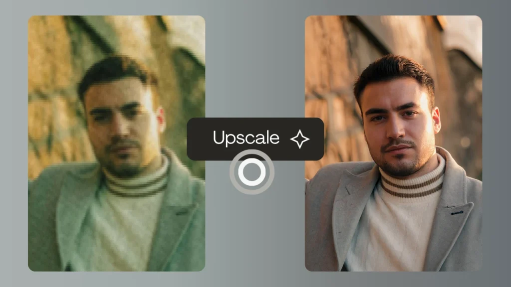 A blurred photo of a man in a gray blazer transformed into a sharp, detailed portrait using PiktID’s blur to clear image converter called "Upscale". The image clearly displays the 4K quality improvement suitable for professional photography or branding use.