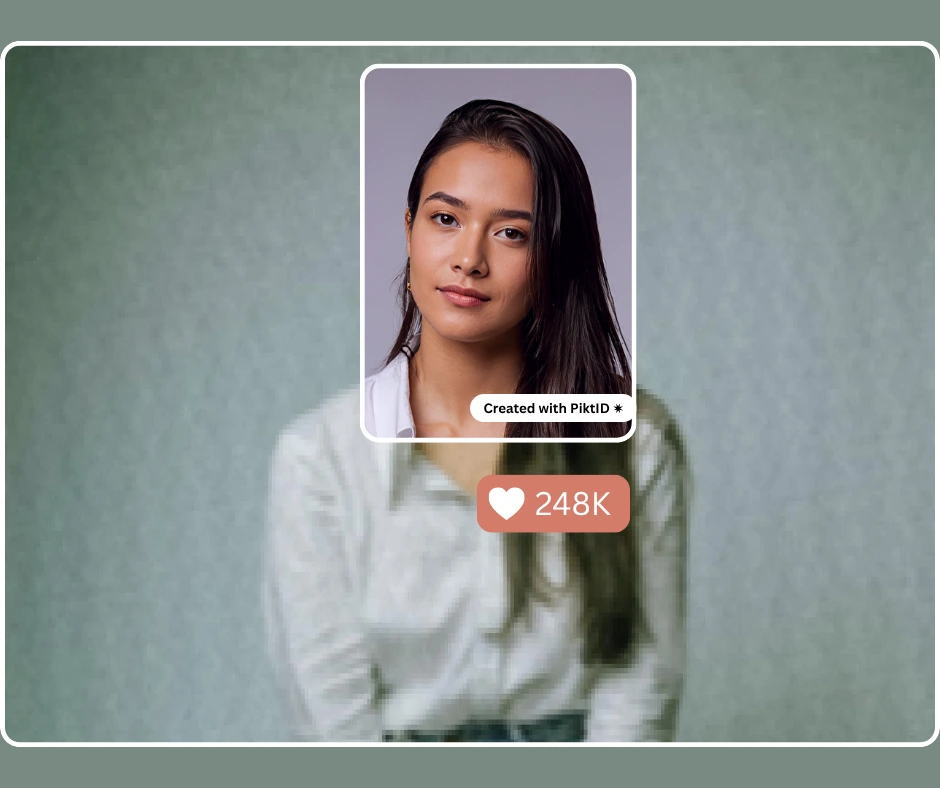 AI-restored portrait of a young woman in a white shirt and denim jeans, highlighting how PiktID acts as a blur to clear image converter and detail for social media-ready headshots.