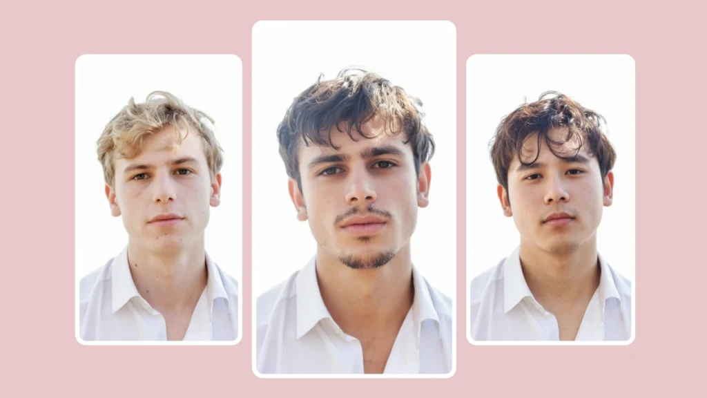 Drei Männer in weißen Hemden sind in einer Collage dargestellt. Jeder von ihnen repräsentiert eine andere Face-Swap-Variante, die mithilfe des KI-gestützten Gesichtsveränderungstools von PiktID erstellt wurde. Die Collage demonstriert eine realistische Identitätstransformation mit konsistenter Beleuchtung und Mimik.