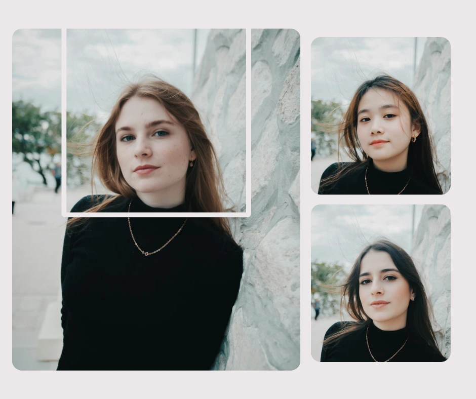 Eine Collage, die Frauen in schwarzen Rollkragenpullovern zeigt, die im Freien neben einer Steinmauer posieren, diente zur Veranschaulichung der KI-gestützten Gesichtsauswahl vor dem Austausch.