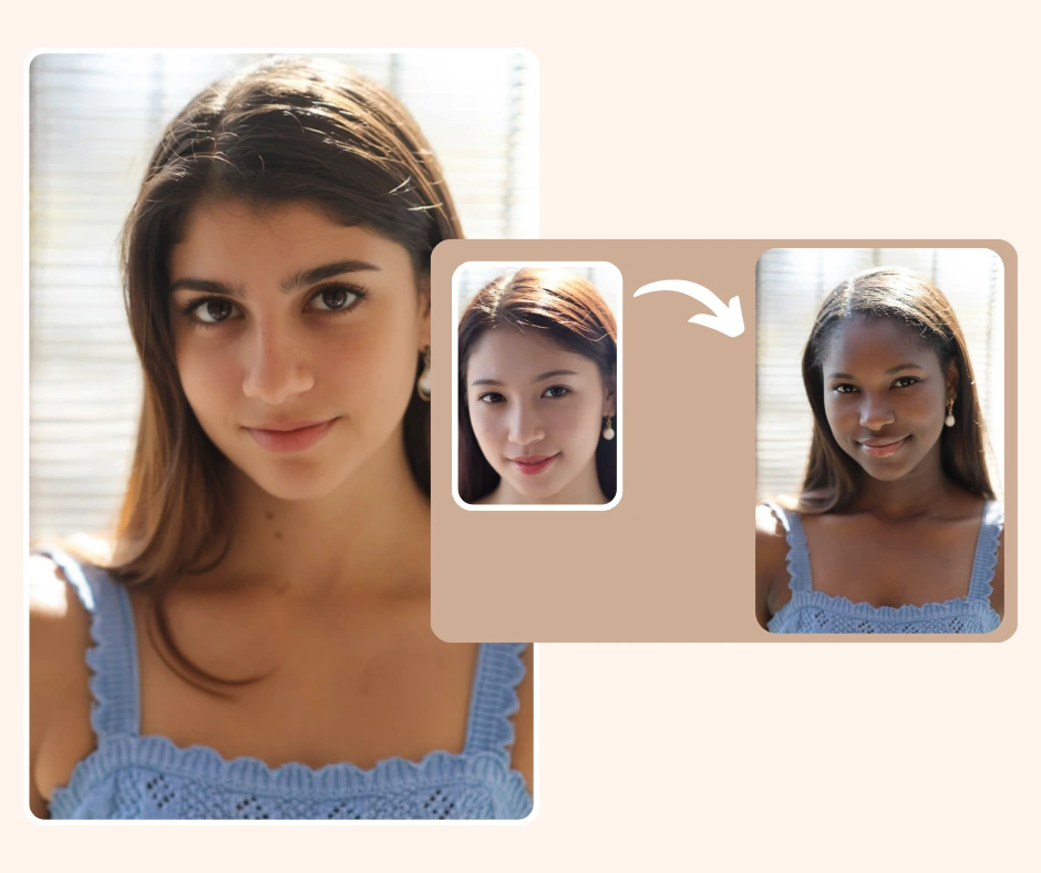 Beispiel für einen Gesichtstausch mit dem KI-Tool PiktID, das zeigt, wie Gesichtszüge in Porträts verändert werden können, während natürliche Beleuchtung und Hautton erhalten bleiben.