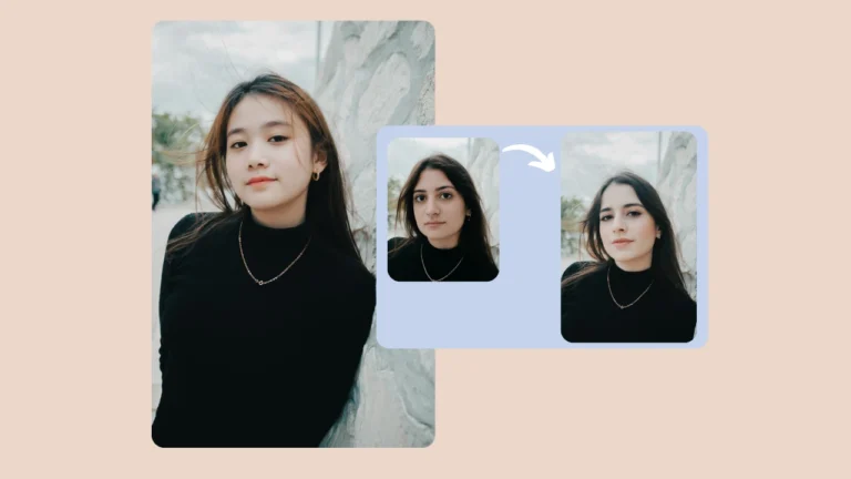 Dos mujeres vestidas de negro, apoyadas contra una pared, con una flecha que hace la transición entre una imagen y otra, simbolizando el cambio de rostro. Creado con PiktID para demostrar el intercambio de identidad fluido mediante IA en fotografía.