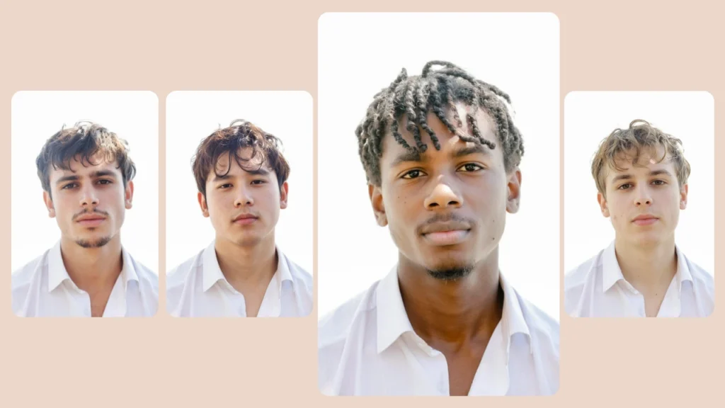 Eine Sequenz von Männerporträts in weißen Hemden, die den Fortschritt eines Gesichtstauschs veranschaulicht, der durch PiktID ermöglicht wird. Sie hebt unterschiedliche Gesichter und eine konsistente Bildkomposition hervor, um die fortschrittlichen KI-Überblendungsfunktionen zu demonstrieren.