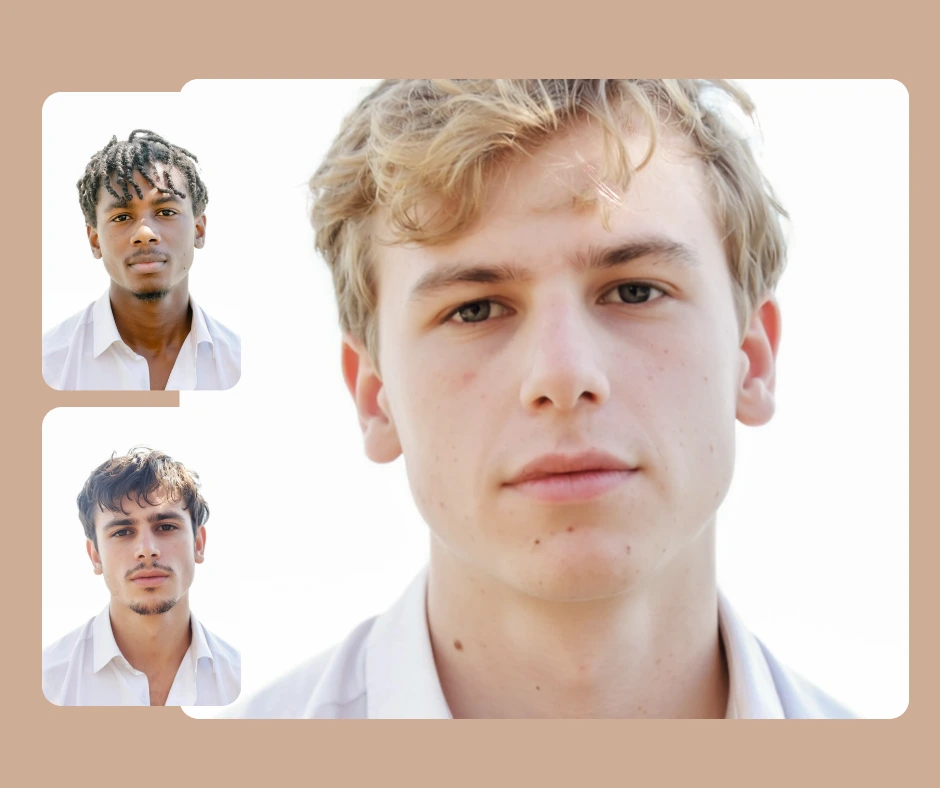 Vergleichscollage von Männerporträts, die beim KI-Gesichtstausch verwendet werden, zeigt, wie Benutzer mit PiktID verschiedene Gesichter für die Transformation auswählen können.