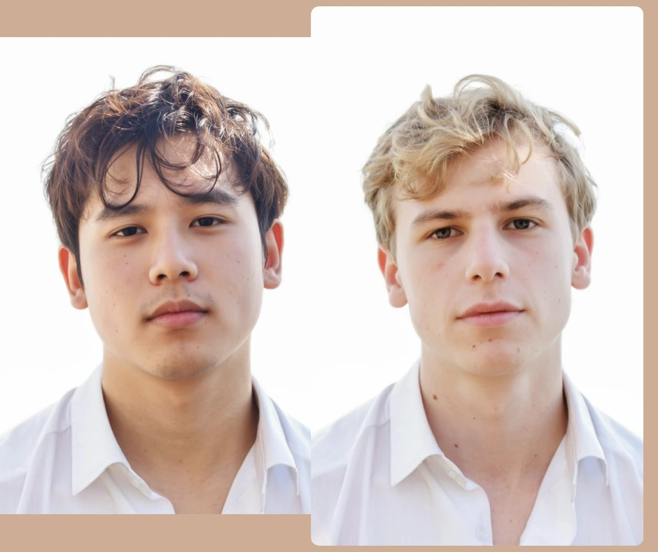 Direkter Porträtvergleich zweier Männer in weißen Hemden, der realistische Ergebnisse des KI-Gesichtstauschs bei identischer Beleuchtung und Mimik demonstriert.