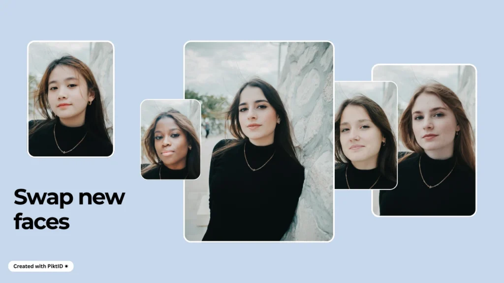 Eine Gruppe von Frauen in schwarzer Kleidung demonstriert in einer Reihe von Gesichtstausch-Aktionen die Funktion ‘Neue Gesichter tauschen’ von PiktID. Sie hebt vielfältige Gesichtstransformationen zur globalen Identitätsanpassung hervor.