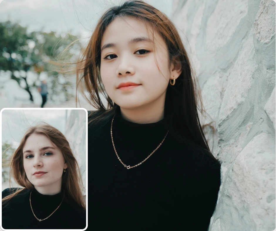 Vorher-Nachher-Collage einer jungen Frau in einem schwarzen Rollkragenpullover, die eine reibungslose KI-Gesichtstausch-Transformation mithilfe der PiktID-Technologie zeigt.