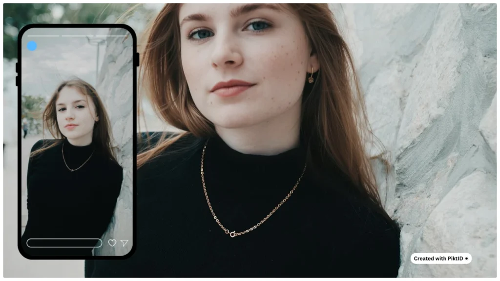 Nahaufnahme einer Frau, gesehen durch einen iPhone-Rahmen, die ihre mit PiktID erstellte, getauschte Identität zeigt. Stellt mobile KI-Gesichtstauschtechnologie für die realistische Erstellung digitaler Identitäten dar.