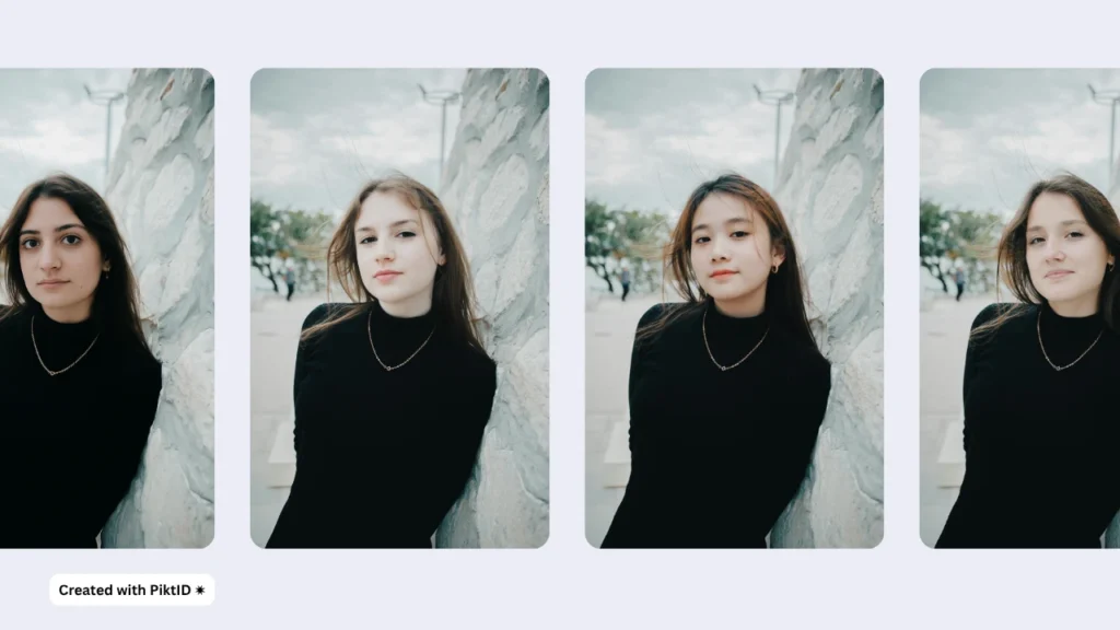 Eine junge Frau in einem schwarzen Rollkragenpullover posiert selbstbewusst neben einer Steinmauer. Das Bild dient zur Demonstration des KI-gestützten Gesichtsaustauschs von PiktID. Es erfasst einen natürlichen, ausdrucksstarken Blick für die realistische Generierung digitaler Modelle.
