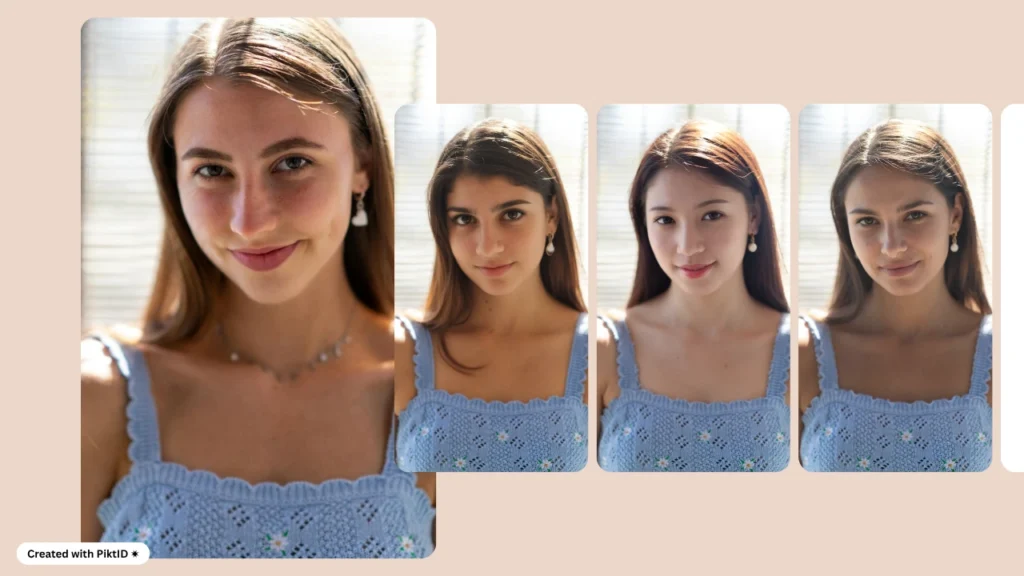 Eine Gruppe von Frauen in ähnlichen blauen Kleidern wird mithilfe des KI-gestützten Identitätsänderungstools von PiktID in verschiedenen Gesichtsvarianten dargestellt. Dies veranschaulicht realistische Lichtverhältnisse, Gesichtsausdrücke und den Abgleich verschiedener Identitäten für digitales Branding.