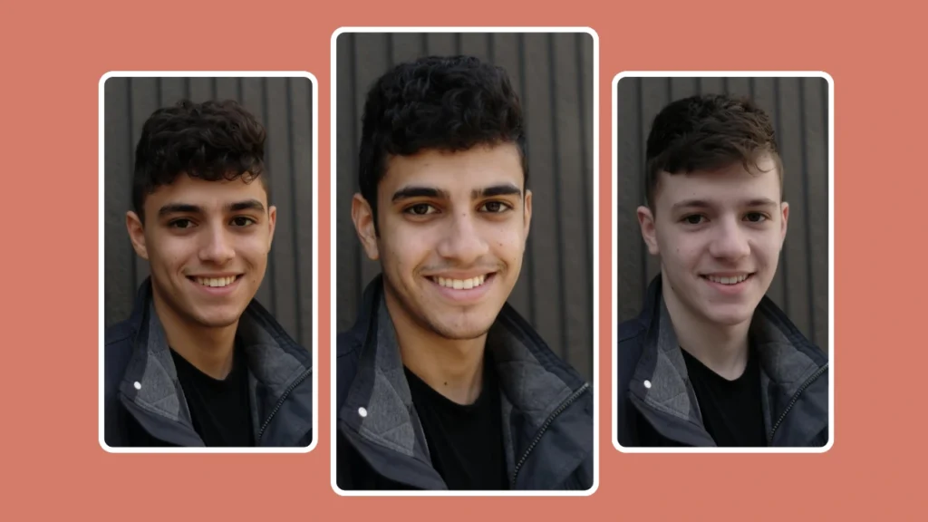 Three side-by-side portraits of a young man with different face variations, showcasing realistic face-swap results. Ideal example of seamless AI face swap with natural skin tone and lighting consistency.