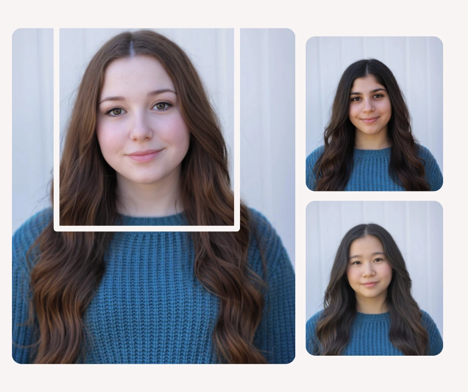 AI face selection preview showing multiple women in the same outfit, demonstrating accurate facial recognition for face swapping. Ideal for showcasing realistic identity replacement technology.