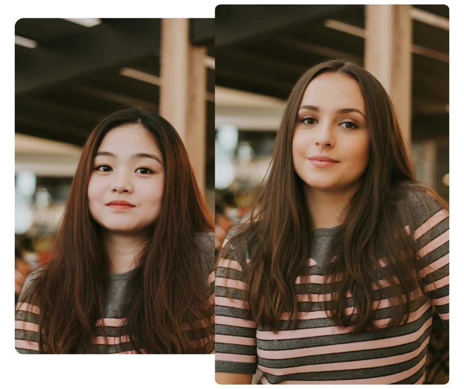 Before-and-after face swap comparison indoors, featuring two women with natural lighting and striped tops. Highlights seamless AI face replacement app with natural skin tone blending.