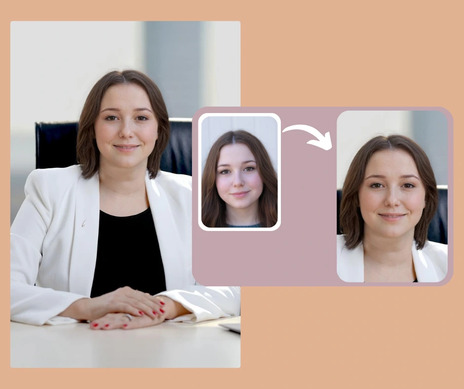 AI-generated professional headshot transformation with original casual image inserted for reference. Shows upgrade from casual portrait to formal business appearance using face swap technology.