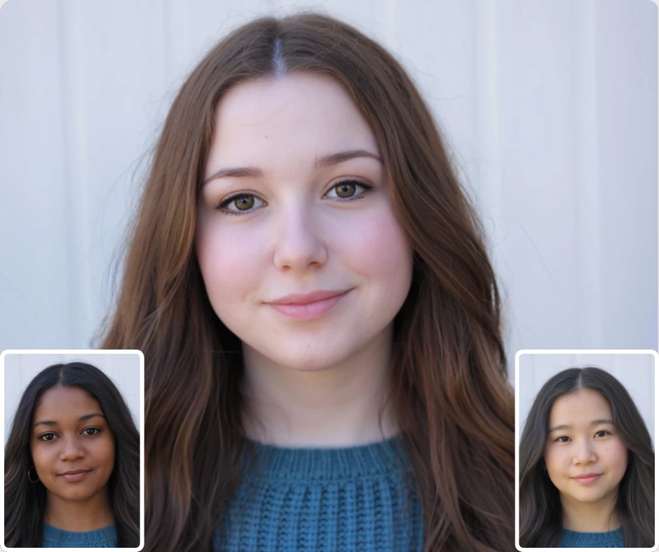 Face swap comparison with central portrait and two smaller original reference faces. Demonstrates accurate identity transfer and realistic AI facial blending on a clean background.