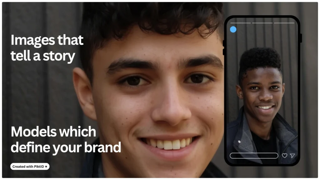 A smiling young man alongside an alternate face displayed in a phone mock-up, emphasizing emotional storytelling through AI-generated faces. Ideal promotional image for AI-powered face swap technology for brand visuals.