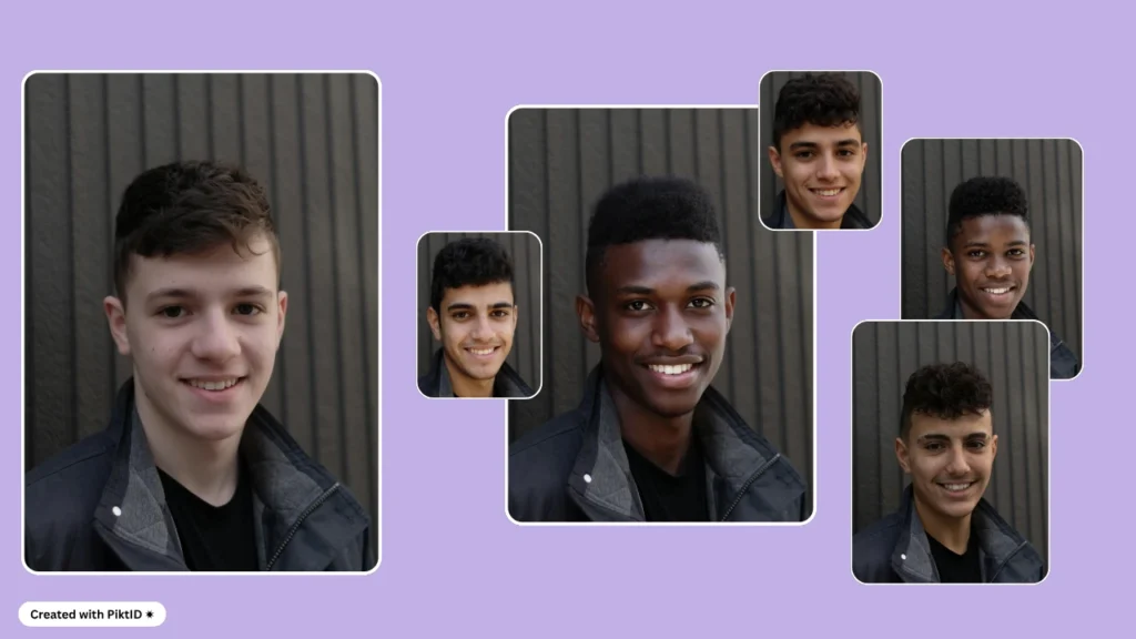 A series of realistic face variations applied to one woman in a blue sweater, demonstrating multi-face AI generation. Ideal for fashion, lifestyle branding, and photorealistic face swap results.