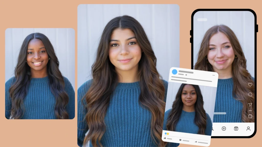 AI face swap examples displayed in Instagram-style phone mockups with multiple portrait variations. Designed to showcase realistic AI identity transformation for influencers and digital branding.