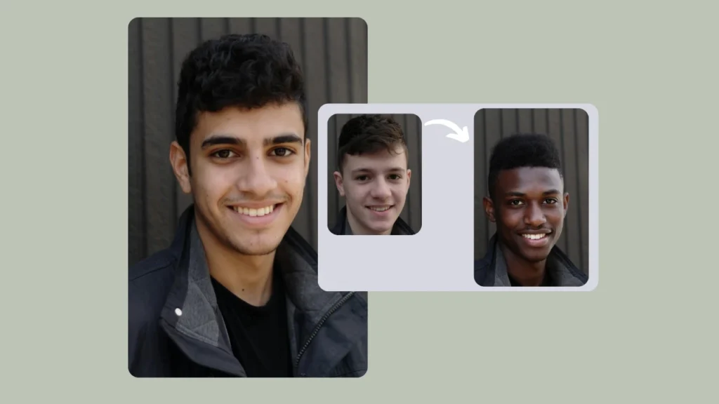 A smiling young man with two alternate face options in a swap preview box, showcasing AI face swap transformation steps. Visual guide to how PiktID’s face-changing feature works in a clean UI layout.