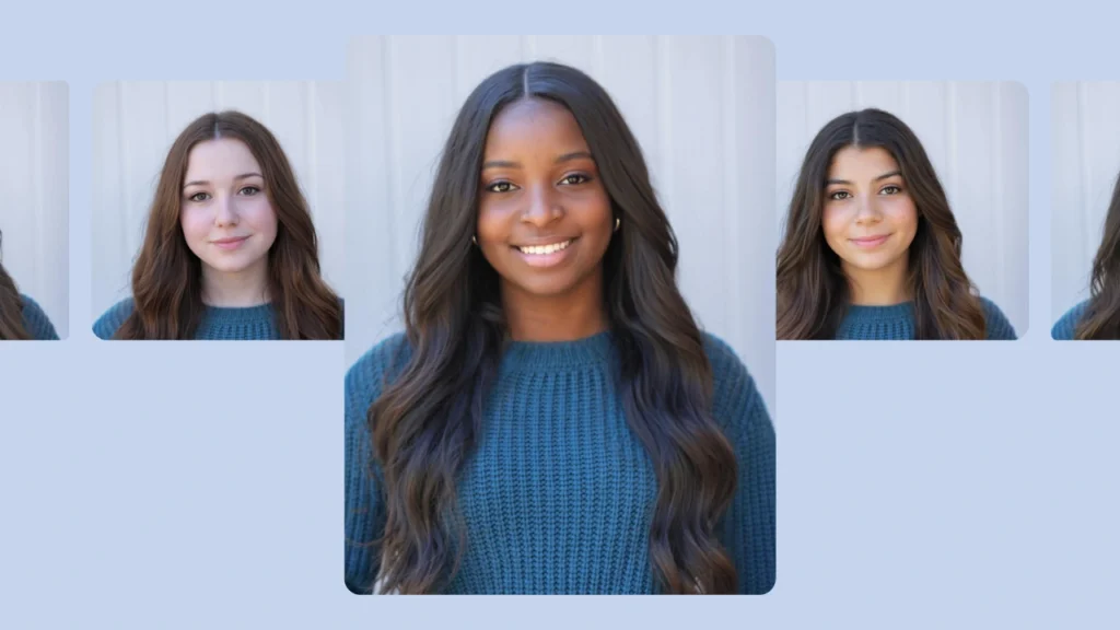 A central portrait of a girl in a blue sweater surrounded by two alternate face versions, demonstrating natural AI face replacement app. Realistic model transformation for beauty, fashion, and personal branding content.