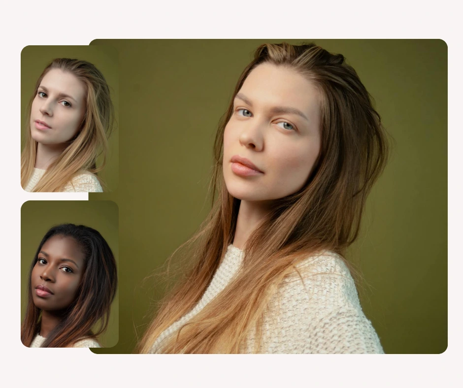 Tres retratos de mujeres que muestran ejemplos de intercambio de rostros en iPhone, con una fusión realista de rasgos faciales. La modelo principal está en el centro, con dos resultados alternativos de intercambio de rostros a los lados.