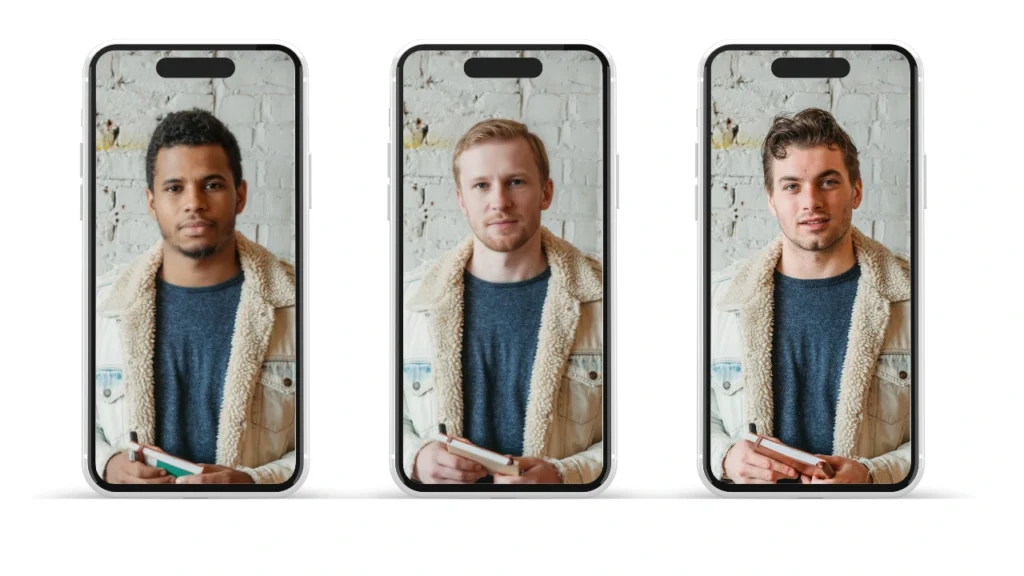 Tres iPhones muestran a diferentes hombres con chaquetas de borrego color beige tras un intercambio de rostros, demostrando el efecto realista de intercambio de rostros del PiktID. Muestra cómo realizar el intercambio de rostros en iPhone y cómo se ve natural en las pantallas de iPhone, ideal para tutoriales o demostraciones de productos.