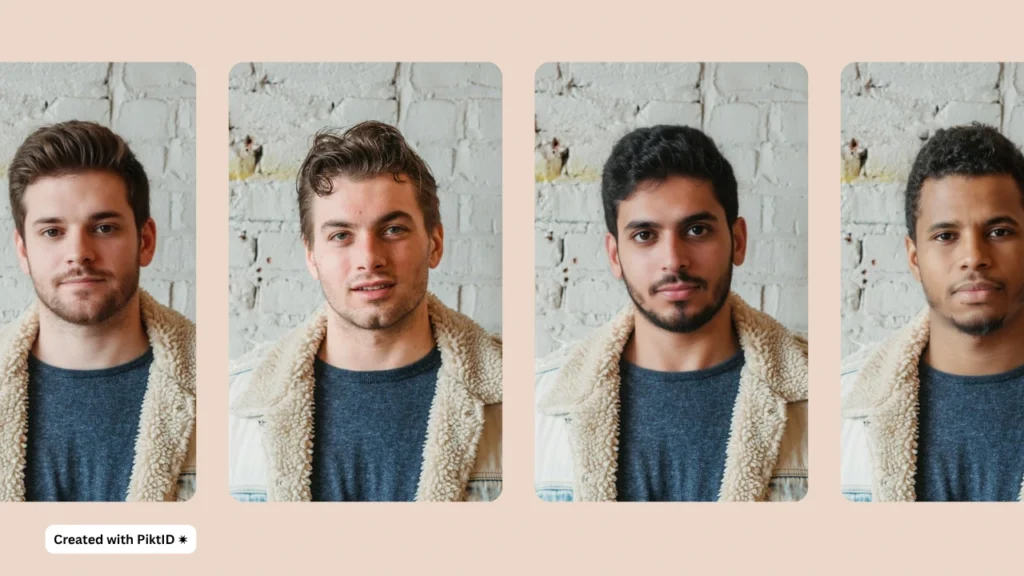 Cuatro hombres con atuendos similares pero rostros diferentes, creados con la tecnología de intercambio facial del PiktID. La imagen destaca los intercambios faciales que cambian la apariencia manteniendo la iluminación, el fondo y el realismo.